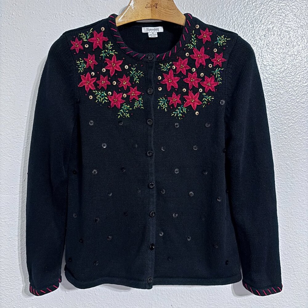Vintage Hampshire Studio Floral Beaded Cardigan Black Red‎ Embroidered Sweater M